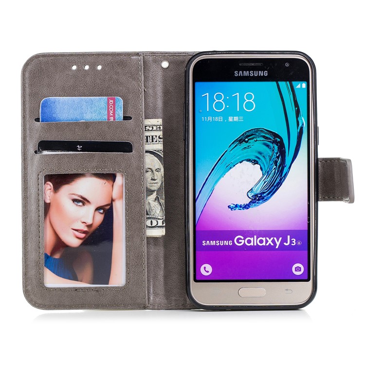 Imprinted Flamingo Pattern Leather Magnetic Phone Casing with Strap for Samsung Galaxy J3 (2016) - Grey-7