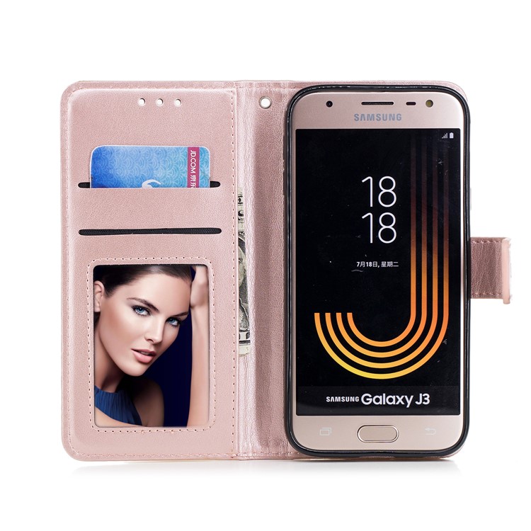 Imprinted Flamingo Pattern Leather Magnetic Case with Strap for Samsung Galaxy J3 (2017) EU Version / J3 Pro (2017) - Rose Gold-8