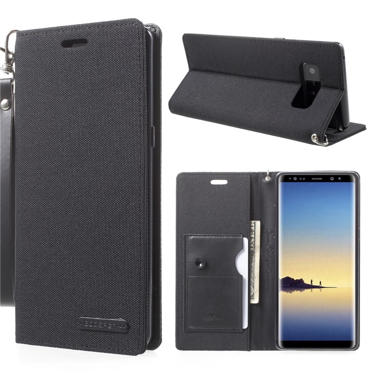 MERCURY GOOSPERY Canvas Flip Card Holder Leather Case with Strap for Samsung Galaxy Note 8 SM-N950 - Black-1