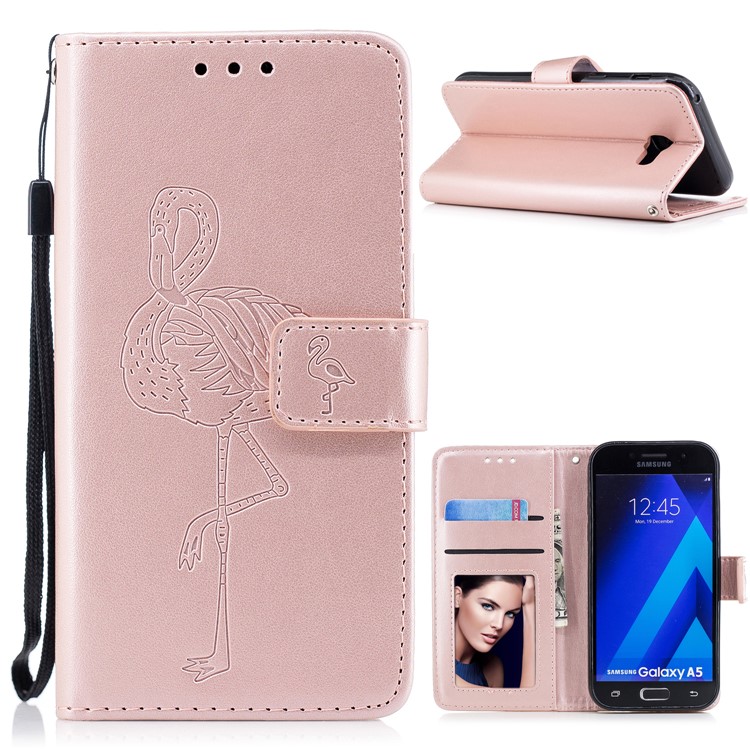 Imprinted Flamingo Pattern Leather Magnetic Case with Strap for Samsung Galaxy A5 (2017) SM-A520 - Rose Gold-1