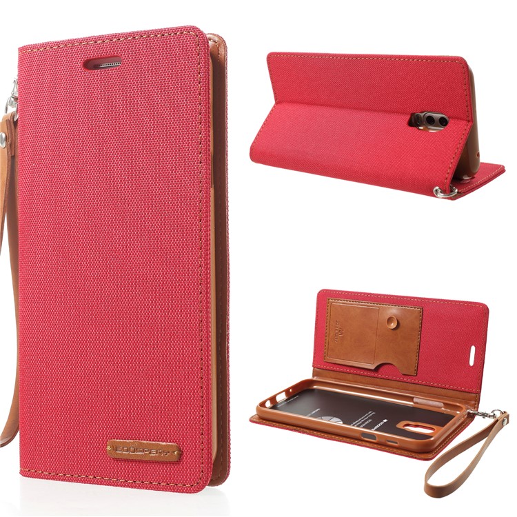 MERCURY GOOSPERY Canvas Flip Card Holder Leather Case with Strap for Samsung Galaxy J7+ / C8 - Red-1