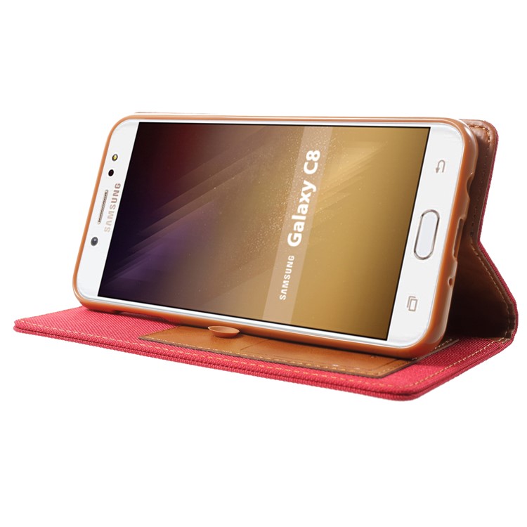 MERCURY GOOSPERY Canvas Flip Card Holder Leather Case with Strap for Samsung Galaxy J7+ / C8 - Red-4