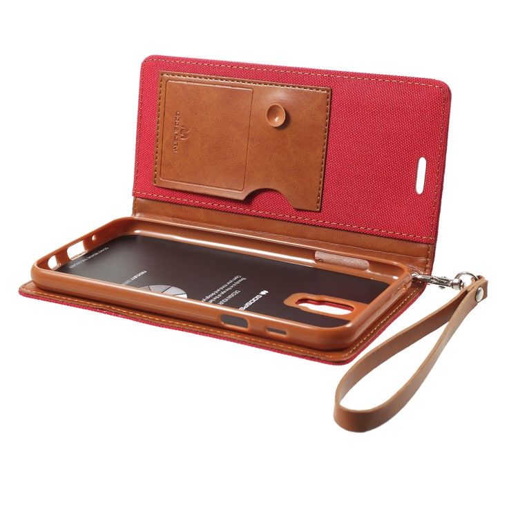 MERCURY GOOSPERY Canvas Flip Card Holder Leather Case with Strap for Samsung Galaxy J7+ / C8 - Red-6