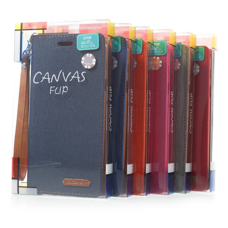 MERCURY GOOSPERY Canvas Flip Card Holder Leather Case with Strap for Samsung Galaxy J7+ / C8 - Red-7