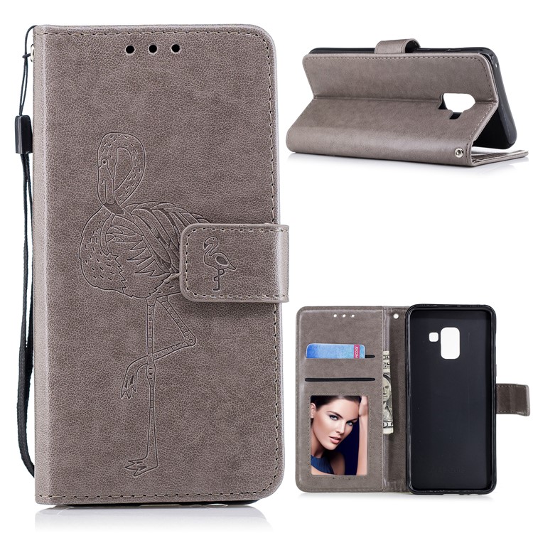 Imprinted Flamingo Pattern Leather Magnetic Cover with Strap for Samsung Galaxy A8 (2018) - Grey-1