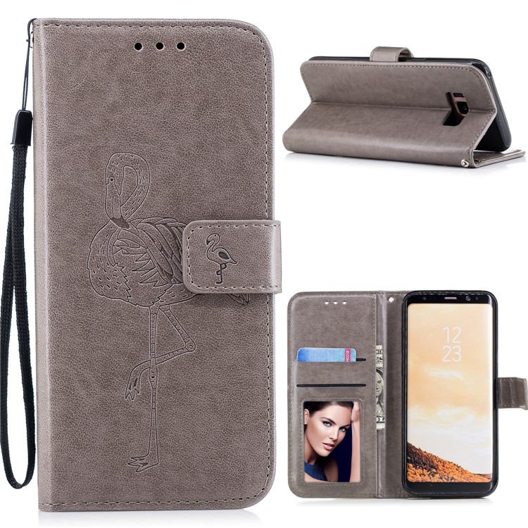 Imprinted Flamingo Wallet Stand Leather Flip Case with Strap for Samsung Galaxy S8+ G955 - Grey-1