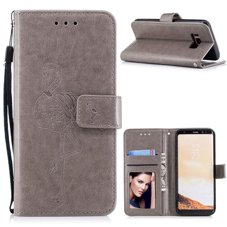 Imprinted Flamingo Wallet Stand Leather Case with Strap for Samsung Galaxy S8 G950 - Grey-1