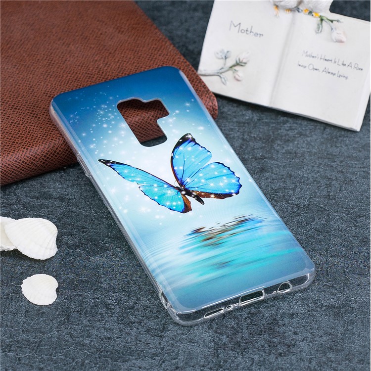 Per Samsung Galaxy S9+ Noctilucent Mottrened IMD TPU Flexible Back Investing - Farfalla Blu Splendente