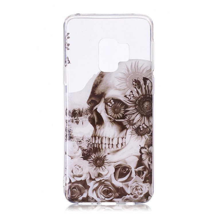 Patterned IMD Soft TPU Mobile Cover Case for Samsung Galaxy S9 - Skull and Daisy-1