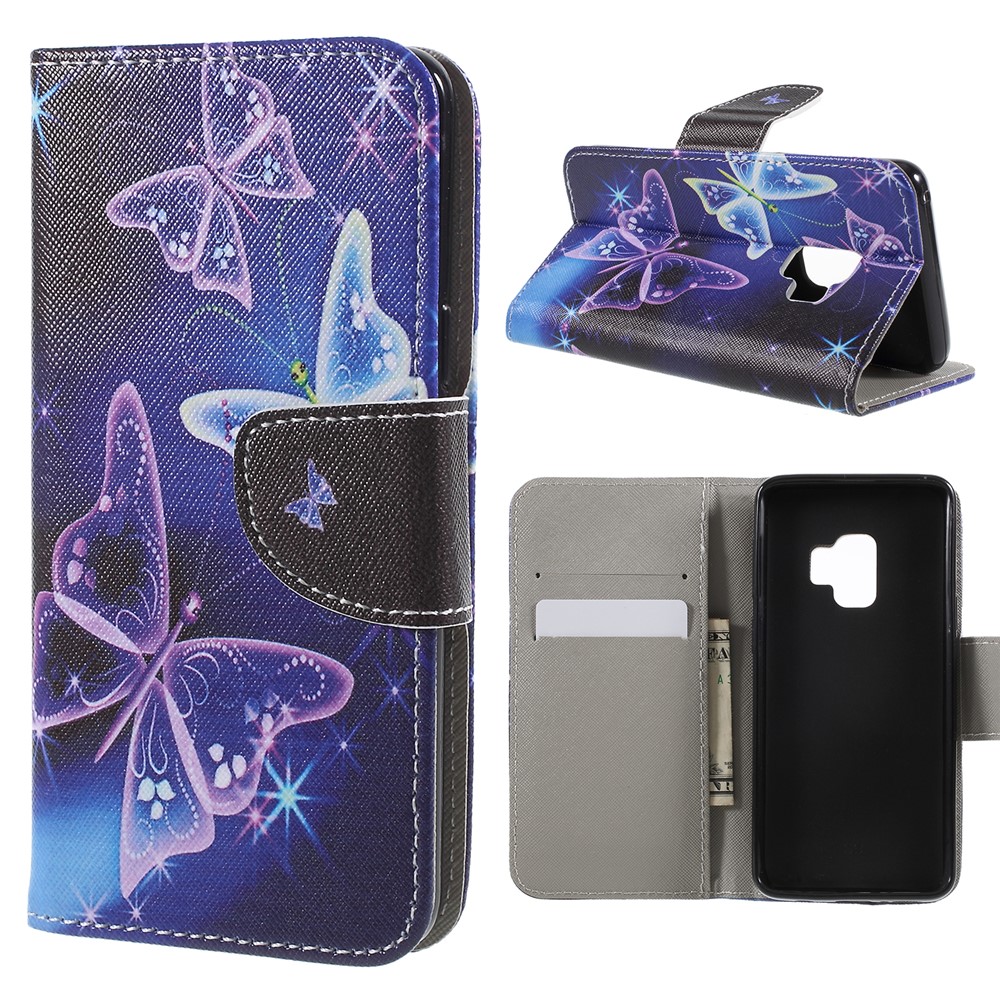 Pattern Printing Cross Texture Stand Wallet Leather Casing for Samsung Galaxy S9 G960 - Crystal Butterfly-1