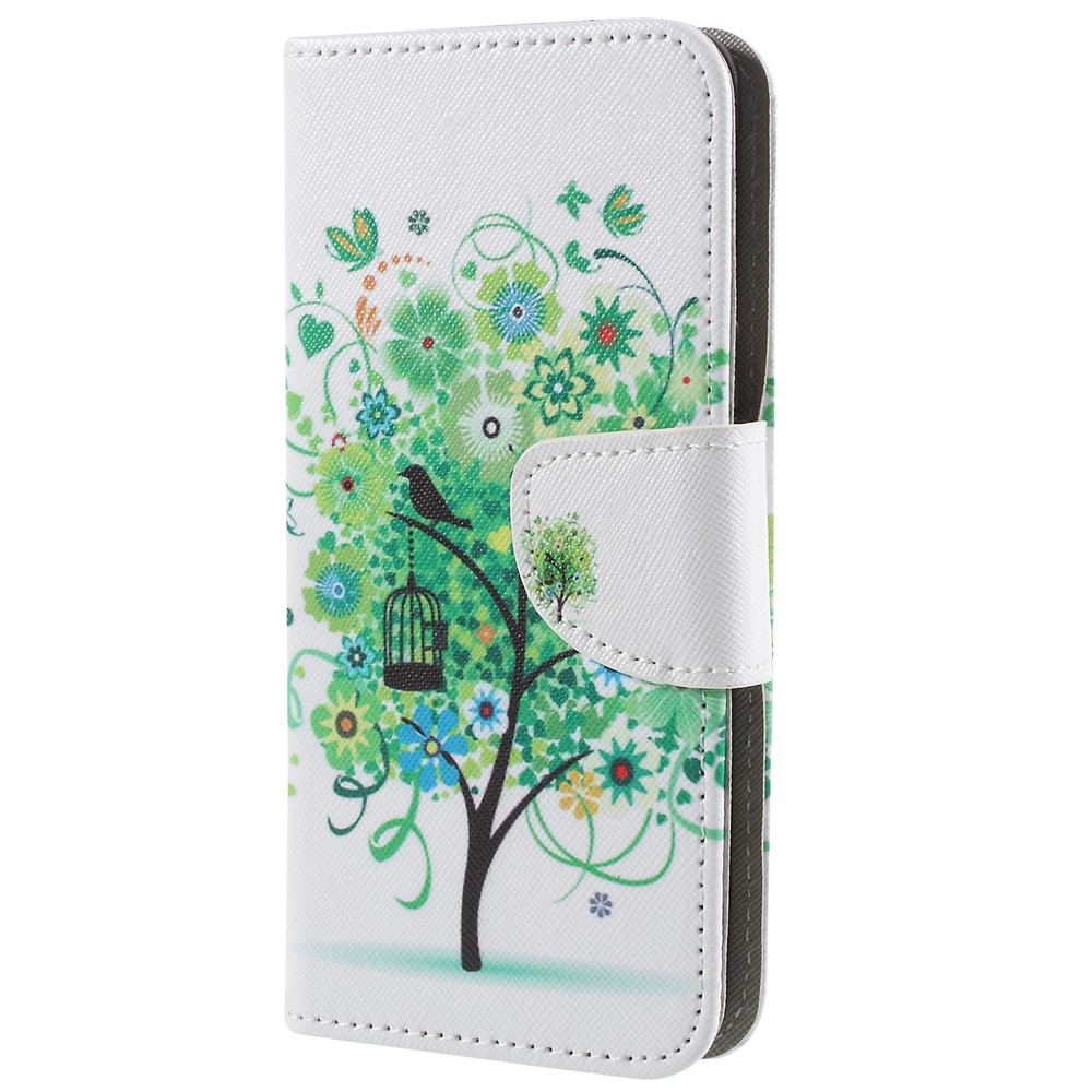 Patterned Cross Texture Wallet Stand PU Leather Folio Phone Case for Samsung Galaxy S9 - Green Flower Tree-1