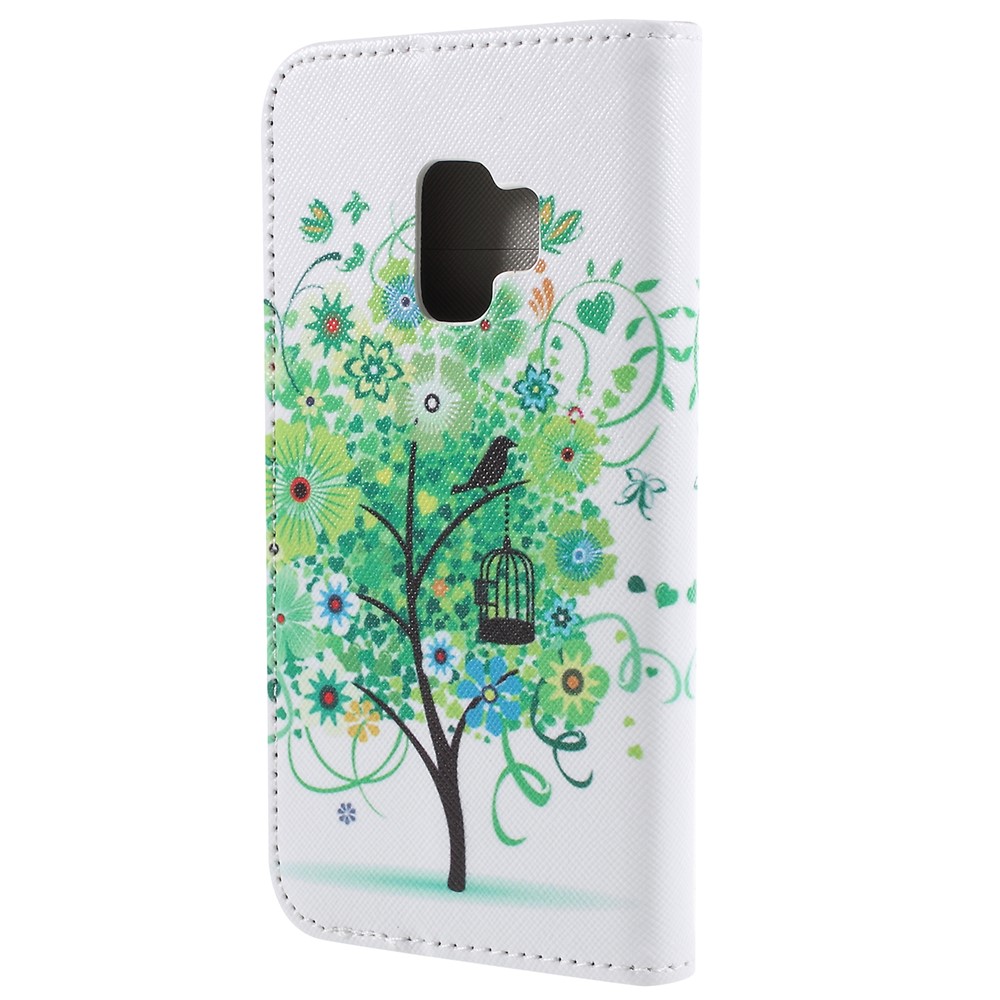 Patterned Cross Texture Wallet Stand PU Leather Folio Phone Case for Samsung Galaxy S9 - Green Flower Tree-2
