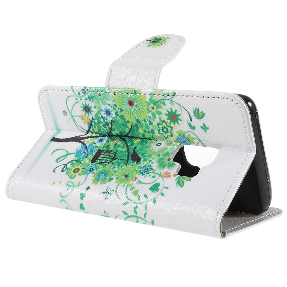 Patterned Cross Texture Wallet Stand PU Leather Folio Phone Case for Samsung Galaxy S9 - Green Flower Tree-5