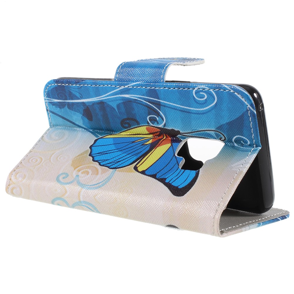 Pattern Printing Cross Grain Wallet Leather Protective Casing with Stand for Samsung Galaxy S9 - Blue and Gold Butterfly-5