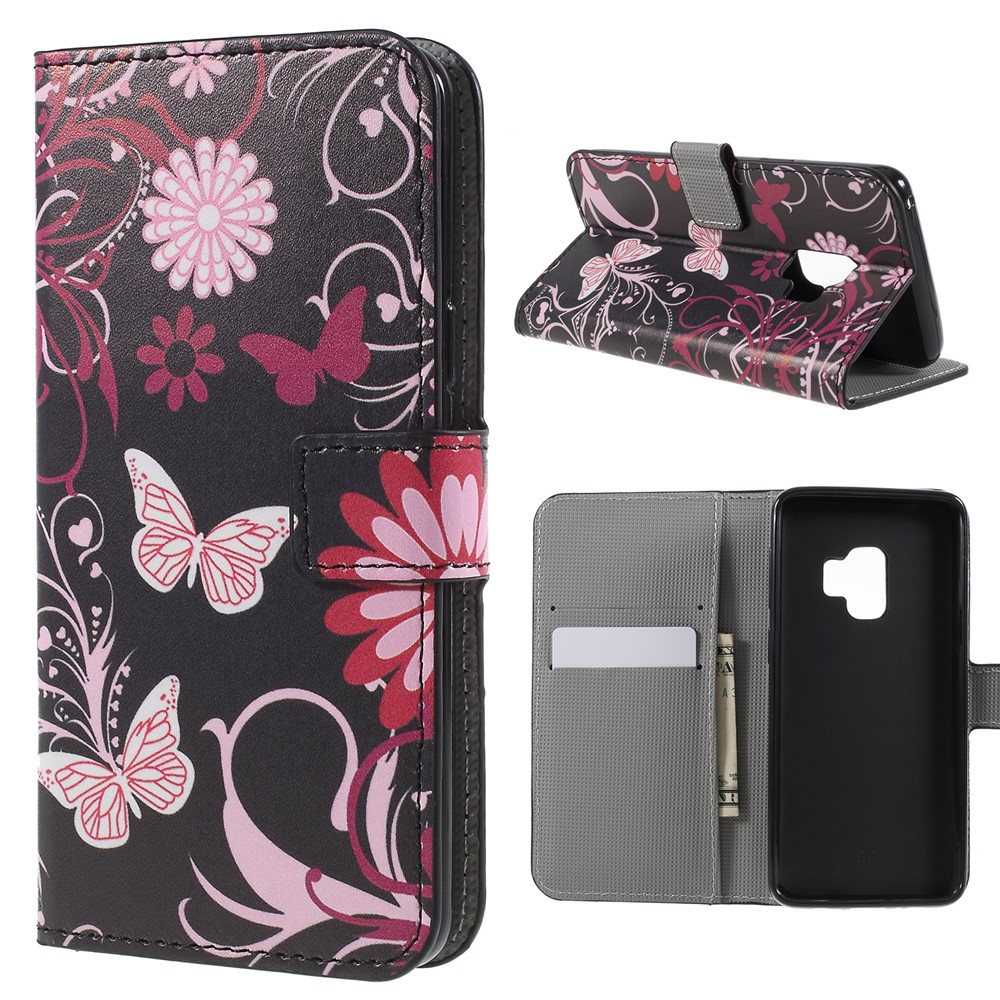 Pattern Printing PU Leather Magnetic Wallet Stand Protective Phone Casing for Samsung Galaxy S9 - Pink Flower and Butterfly-1