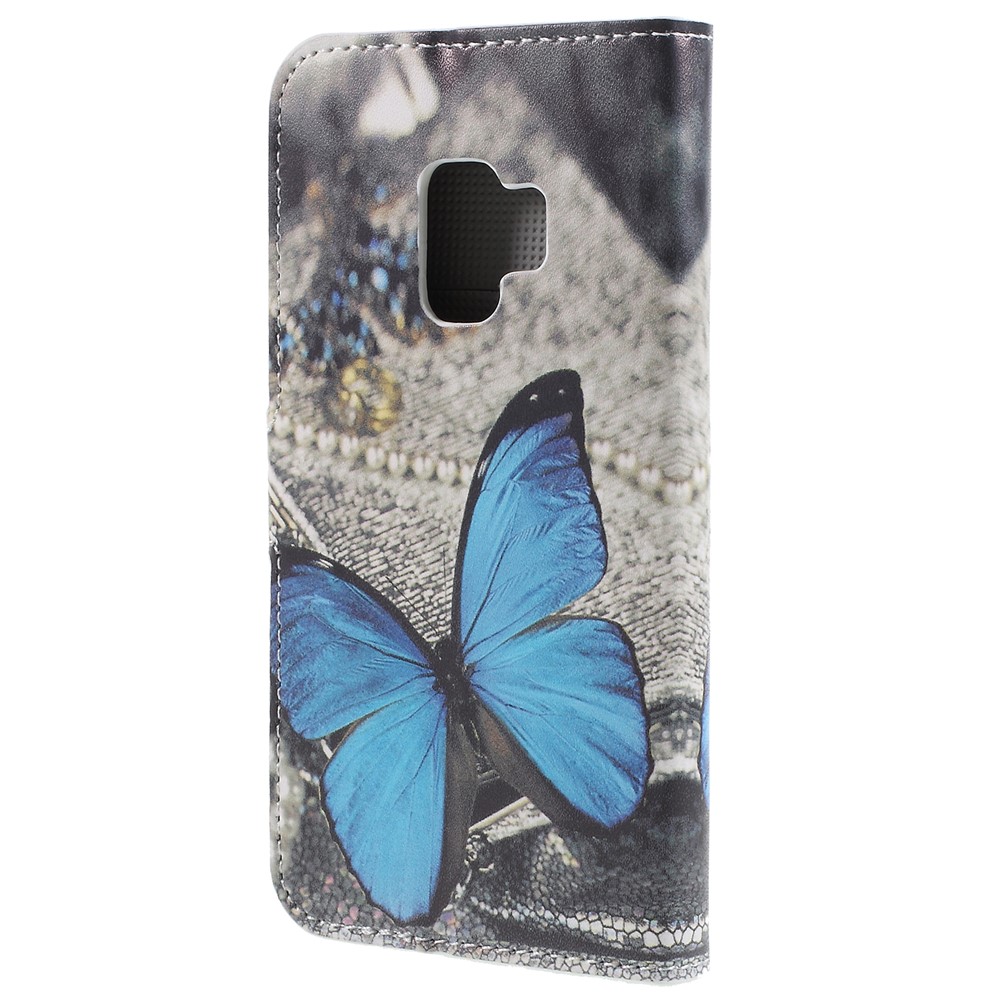 Pattern Printing PU Leather Magnetic Wallet Stand Protective Phone Casing Shell for Samsung Galaxy S9 - Blue Butterfly-2