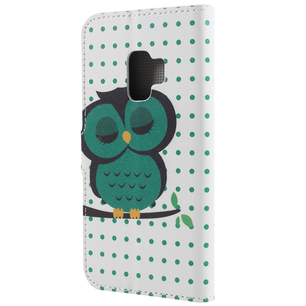 Modèle D'impression PU en Cuir en Cuir Magnétique Support de Téléphone Mobile Protecteur Couverture de Téléphone Mobile Pour Samsung Galaxy S9 - Hibou Endormi