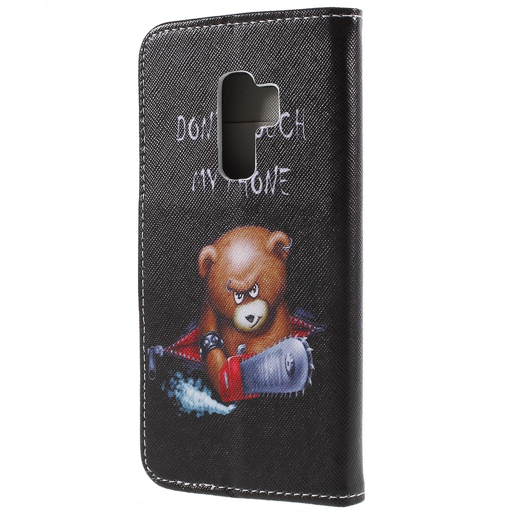 Patterned Cross Grain Stand Wallet PU Leather Phone Case for Samsung Galaxy S9+ G965 - Angry Bear and It's Warning-2