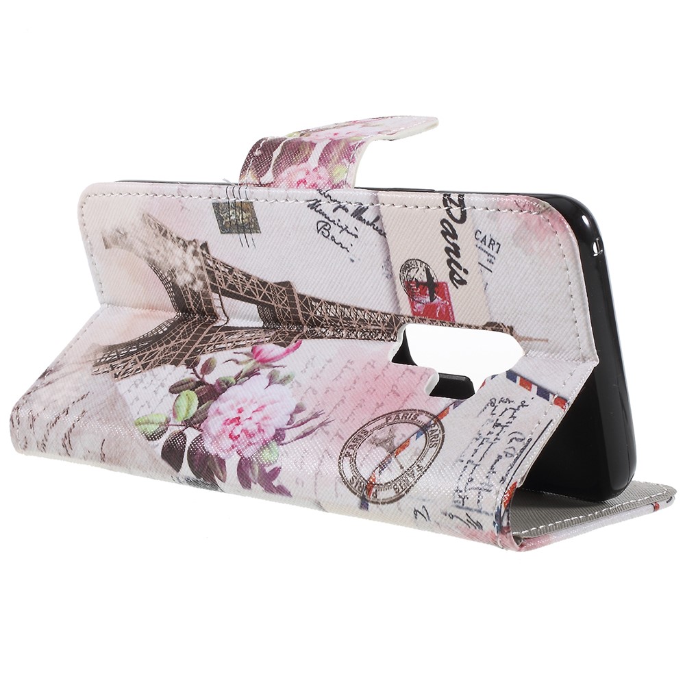 Pattern Printing Cross Texture Stand Wallet Leather Case Accessory for Samsung Galaxy S9+ - Eiffel Tower-5