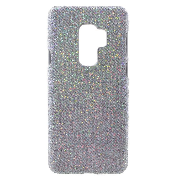 Leather Coated Plastic Phone Back Featherweight Cover for Samsung Galaxy S9+ G965 - Silver Glittery Sequins-1
