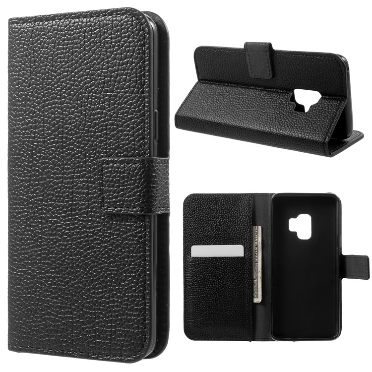 Litchi Skin Wallet Leather Stand Case for Samsung Galaxy S9 - Black-1