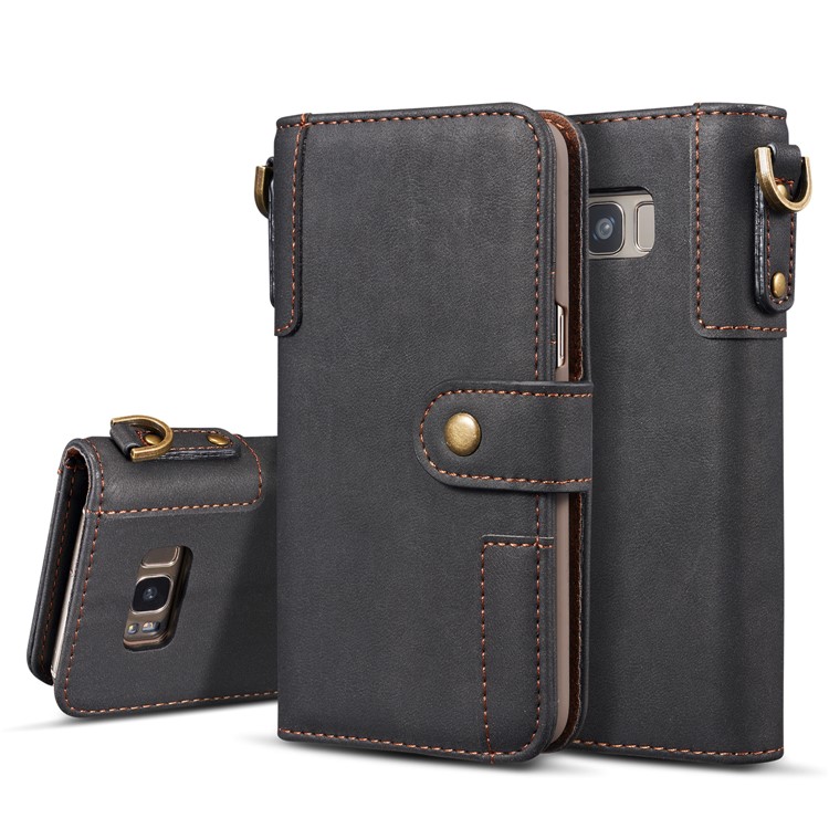 Retro Style Spilt Leather Wallet Stand Phone Flip Case with Strap for Samsung Galaxy S8 G950 - Black-1