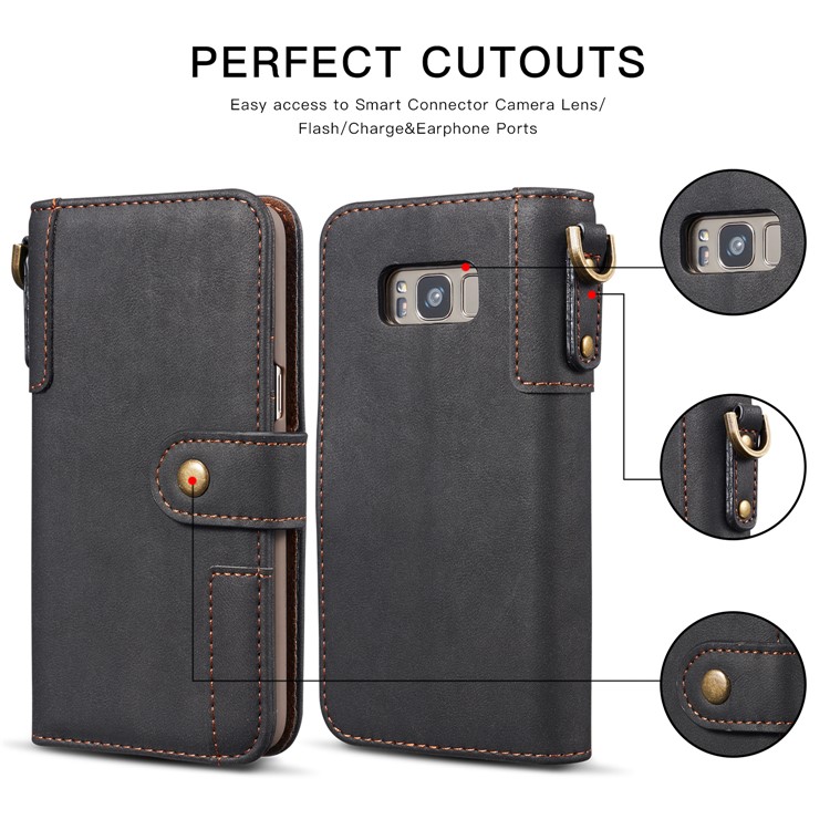 Retro Style Spilt Leather Wallet Stand Phone Flip Case with Strap for Samsung Galaxy S8 G950 - Black-2