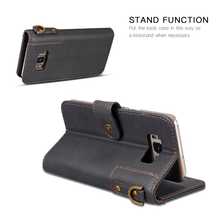 Retro Style Spilt Leather Wallet Stand Phone Flip Case with Strap for Samsung Galaxy S8 G950 - Black-3