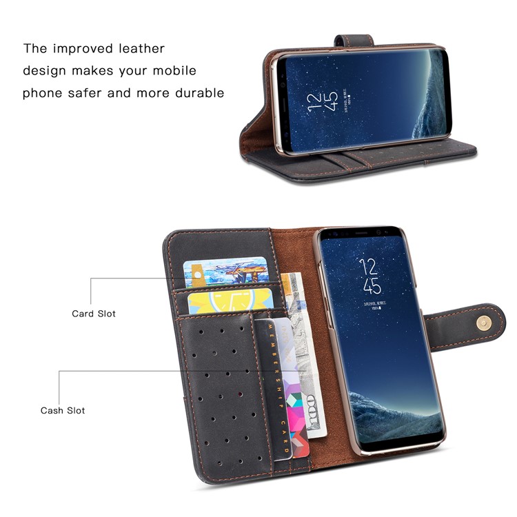 Retro Style Spilt Leather Wallet Stand Phone Flip Case with Strap for Samsung Galaxy S8 G950 - Black-4