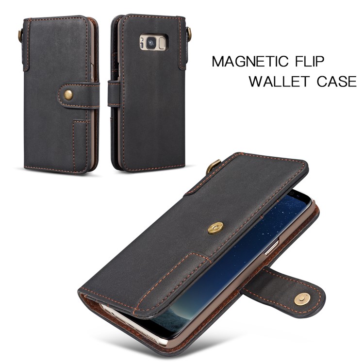 Retro Style Spilt Leather Wallet Stand Phone Flip Case with Strap for Samsung Galaxy S8 G950 - Black-5