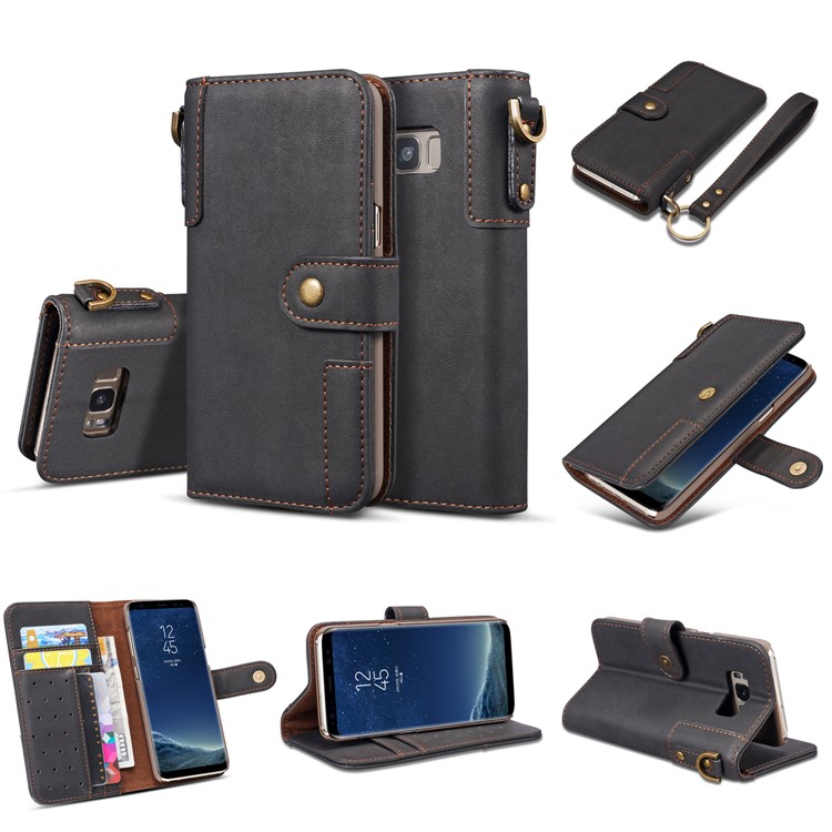 Retro Style Spilt Leather Wallet Stand Phone Flip Case with Strap for Samsung Galaxy S8 G950 - Black-6