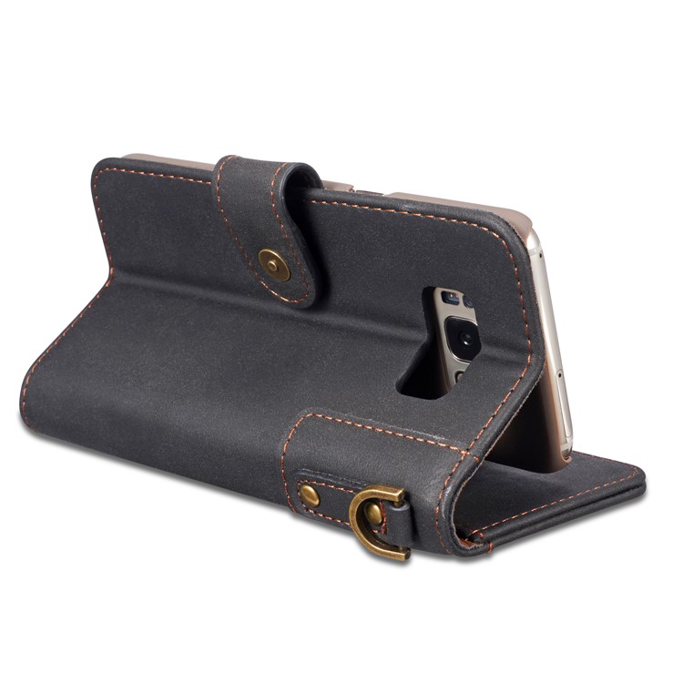 Retro Style Spilt Leather Wallet Stand Phone Flip Case with Strap for Samsung Galaxy S8 G950 - Black-9