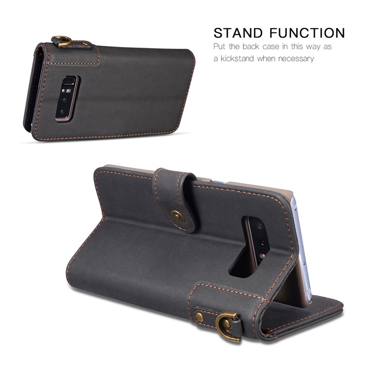 Retro Style Spilt Leather Wallet Stand Phone Case with Strap for Samsung Galaxy Note 8 SM-N950 - Black-3