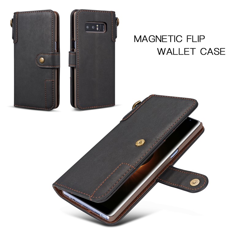 Retro Style Spilt Leather Wallet Stand Phone Case with Strap for Samsung Galaxy Note 8 SM-N950 - Black-5