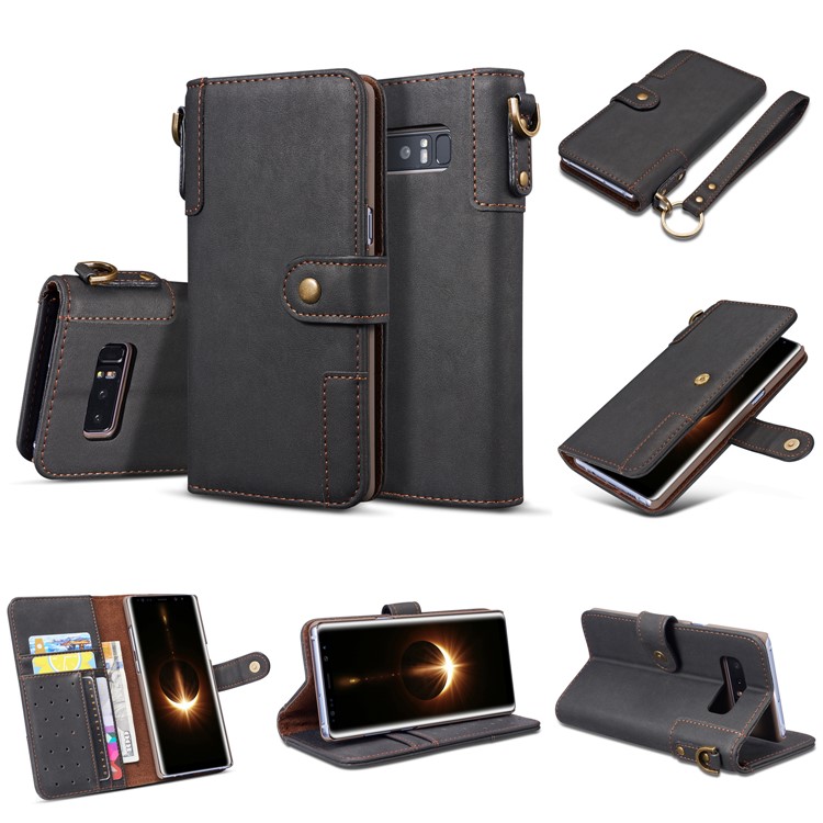 Retro Style Spilt Leather Wallet Stand Phone Case with Strap for Samsung Galaxy Note 8 SM-N950 - Black-6