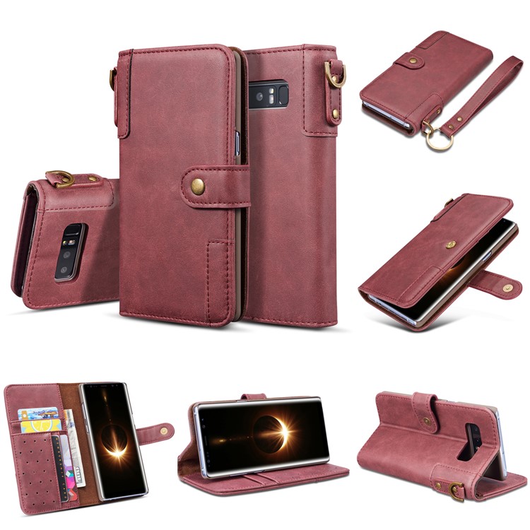 Vintage Style Spilt Leather Wallet Stand Cover with Strap for Samsung Galaxy Note 8 SM-N950 - Red-6