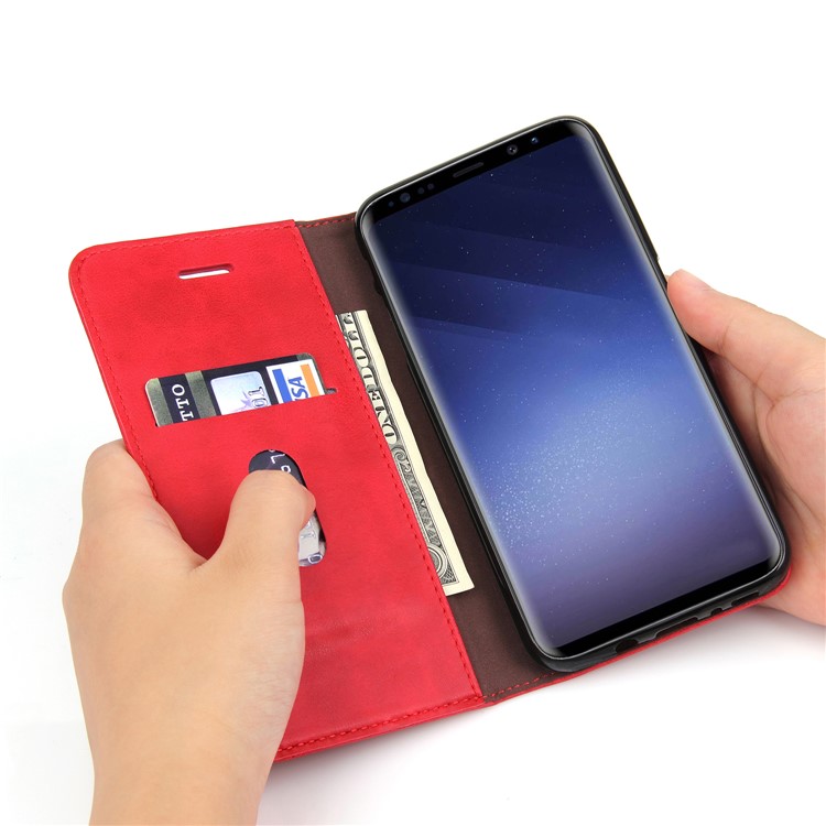 Auto-absorbed Retro Leather Wallet Phone Cover with Stand for Samsung Galaxy S9 Plus G965 - Red-9