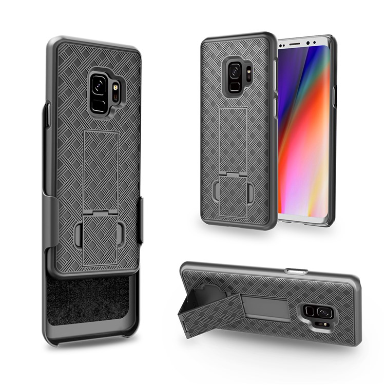 Woven Texture PC + TPU Swivel Belt Clip Holster Case for Samsung Galaxy S9 - Black-1