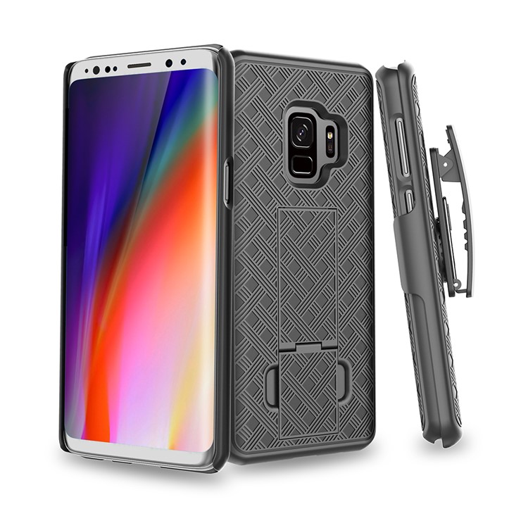 Woven Texture PC + TPU Swivel Belt Clip Holster Case for Samsung Galaxy S9 - Black-2