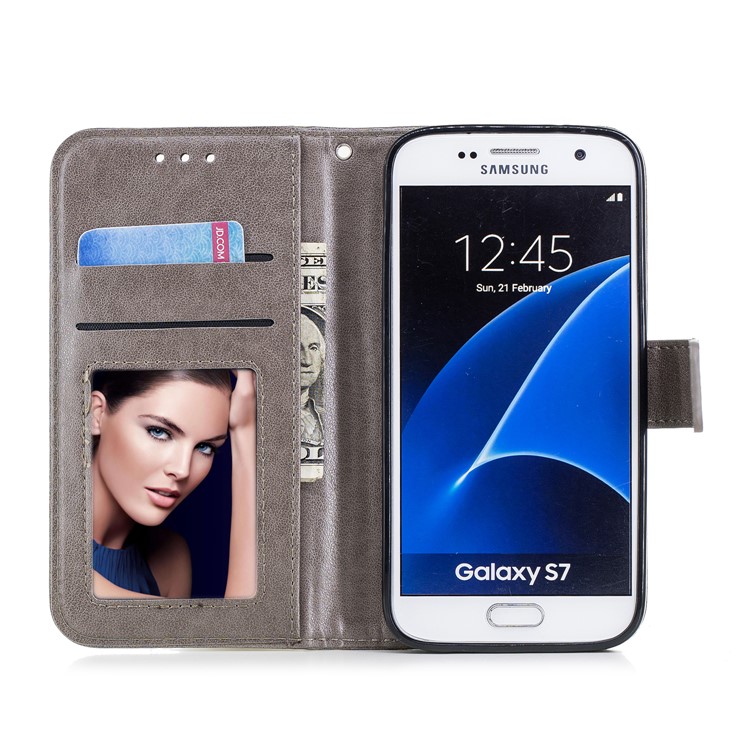 Imprinted Flamingo Stand Leather Wallet Phone Case for Samsung Galaxy S7 - Grey-7