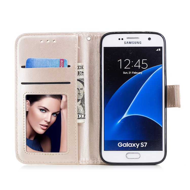 Imprinted Flamingo PU Leather Wallet Stand Mobile Phone Case for Samsung Galaxy S7 - Gold-7
