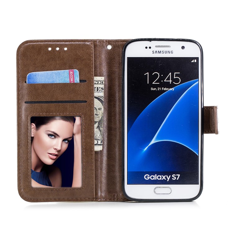 Imprinted Flamingo Stand Wallet Leather Protection Mobile Phone Cover Shell for Samsung Galaxy S7 - Brown-7