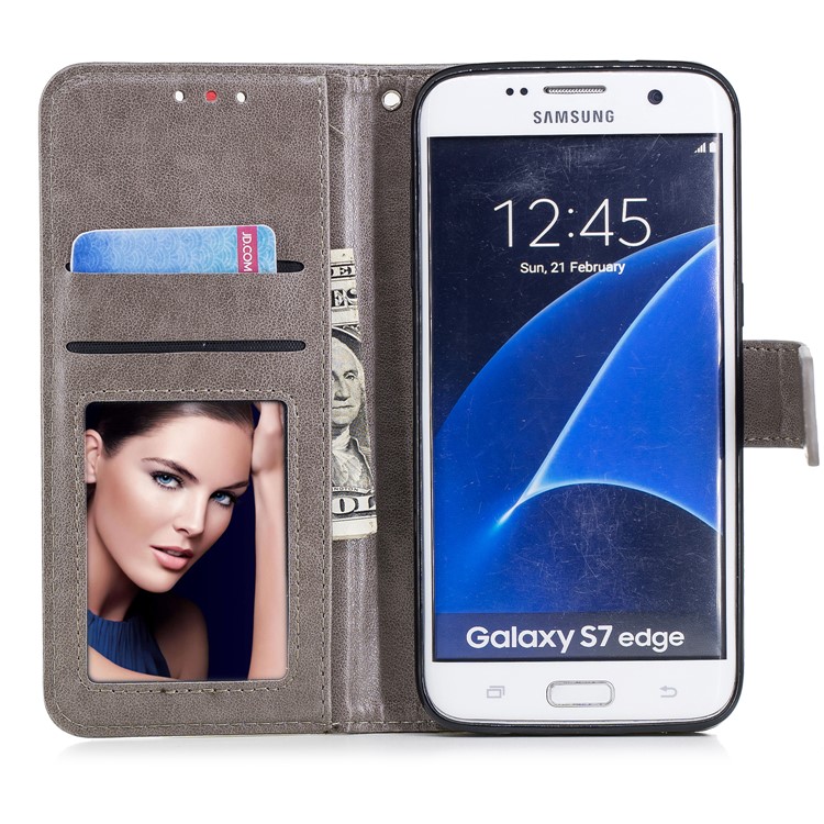Imprinted Flamingo PU Leather Wallet Stand Phone Case for Samsung Galaxy S7 edge - Grey-7