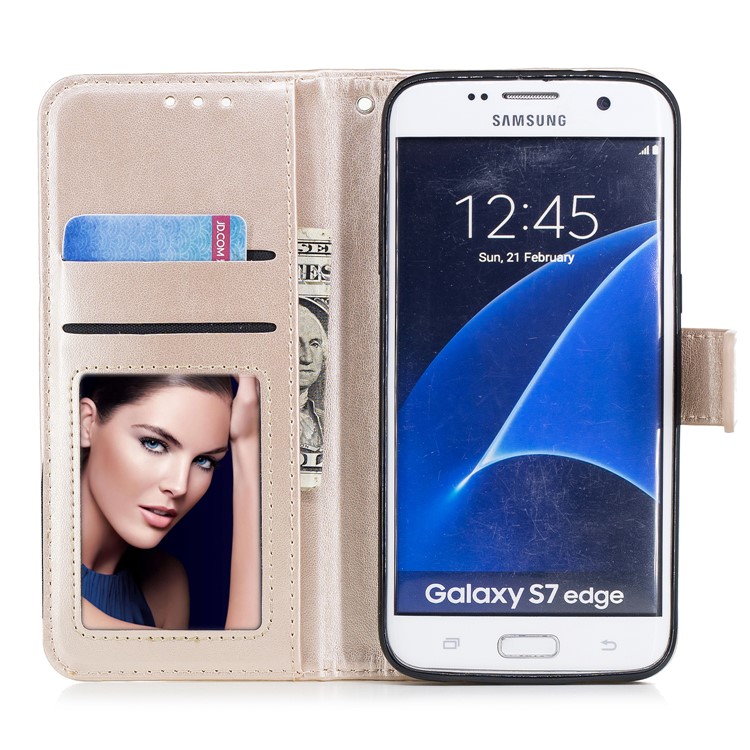 Imprinted Flamingo PU Leather Cell Phone Case with Card Holder for Samsung Galaxy S7 edge - Gold-7