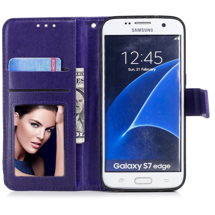 Imprinted Flamingo Card Slots Leather Flip Cell Phone Cover for Samsung Galaxy S7 edge - Purple-7