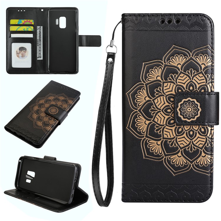 Imprinted Flower Pattern Leather Wallet Case for Samsung Galaxy S9 - Black-1