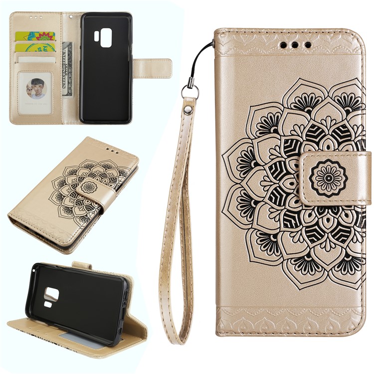 Imprinted Flower Pattern Leather Wallet Cover for Samsung Galaxy S9 G960 - Gold-1
