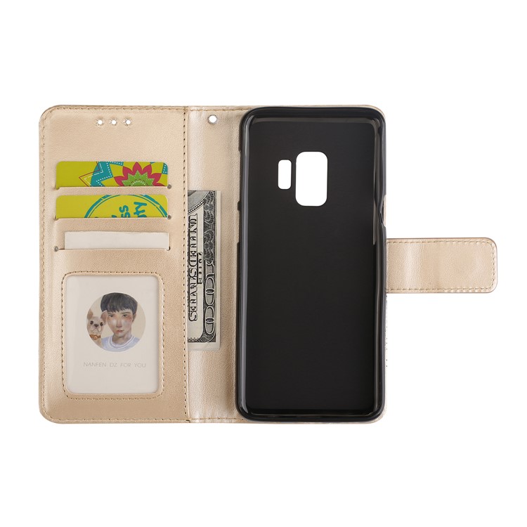 Imprinted Flower Pattern Leather Wallet Cover for Samsung Galaxy S9 G960 - Gold-6