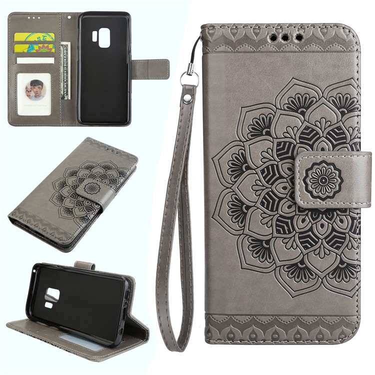 Imprinted Flower Pattern Leather Wallet Shell Case for Samsung Galaxy S9 G960 - Grey-1