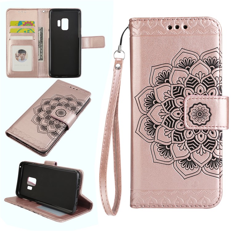 Imprinted Flower Pattern Wallet Leather Stand Case for Samsung Galaxy S9 G960 - Rose Gold-1